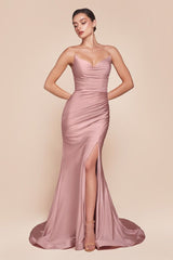 fitted dress features a strapless pointed V-neckline, gathered waistline, and a chic leg slit