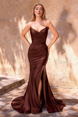 itted dress features a strapless pointed V-neckline, gathered waistline, and a chic leg slit for an elegant silhouette
