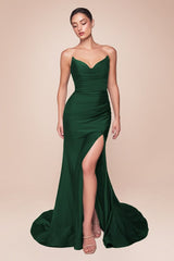 fitted dress features a strapless pointed V-neckline, gathered waistline, and a chic leg slit