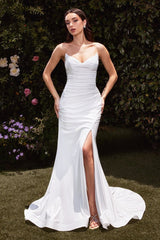 fitted dress features a strapless pointed V-neckline, gathered waistline, and a chic leg slit