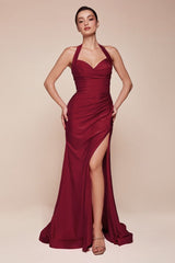 fitted stretch satin dress, featuring a halter sweetheart neckline and a gathered waistline