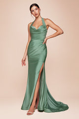 fitted stretch satin dress, featuring a halter sweetheart neckline and a gathered waistline