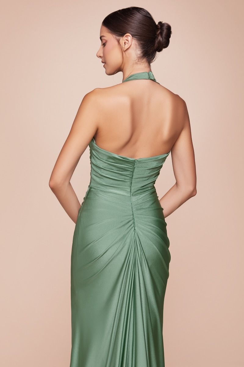 fitted stretch satin dress, featuring a halter sweetheart neckline and a gathered waistline