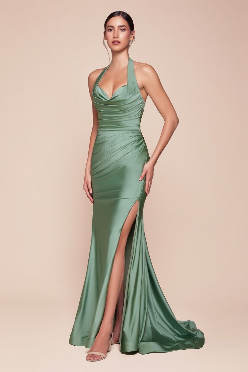 fitted stretch satin dress, featuring a halter sweetheart neckline and a gathered waistline