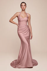 fitted stretch satin dress, featuring a halter sweetheart neckline and a gathered waistline