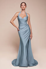 fitted stretch satin dress, featuring a halter sweetheart neckline and a gathered waistline