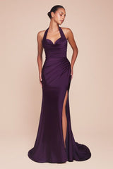 fitted stretch satin dress, featuring a halter sweetheart neckline and a gathered waistline