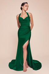 fitted stretch satin dress, featuring a halter sweetheart neckline and a gathered waistline