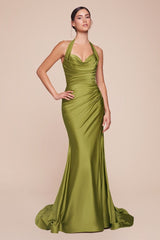 fitted stretch satin dress, featuring a halter sweetheart neckline and a gathered waistline