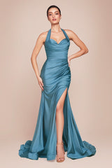 fitted stretch satin dress, featuring a halter sweetheart neckline and a gathered waistline