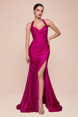 fitted stretch satin dress, featuring a halter sweetheart neckline and a gathered waistline