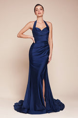 fitted stretch satin dress, featuring a halter sweetheart neckline and a gathered waistline