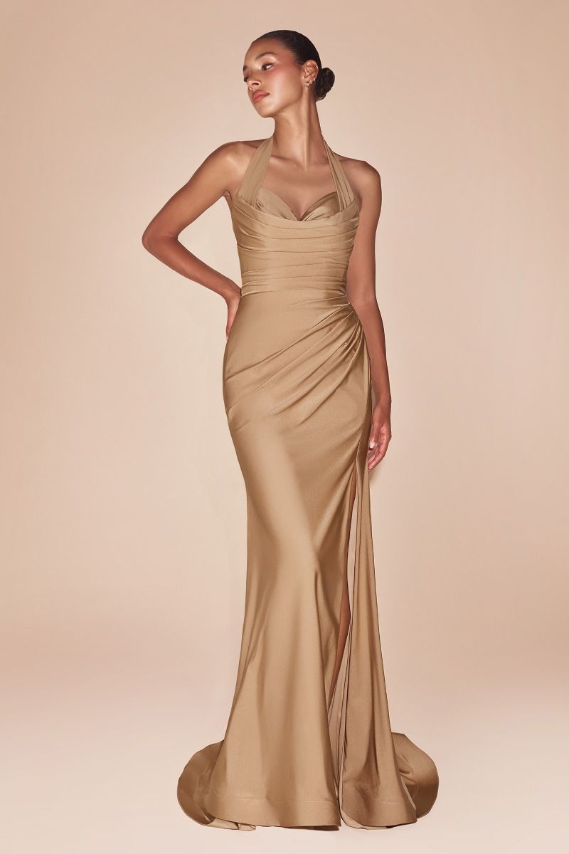 fitted stretch satin dress, featuring a halter sweetheart neckline and a gathered waistline