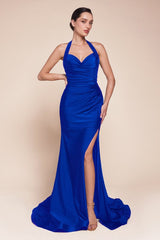 fitted stretch satin dress, featuring a halter sweetheart neckline and a gathered waistline
