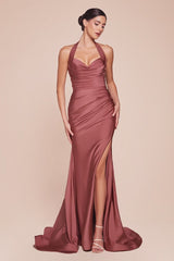 fitted stretch satin dress, featuring a halter sweetheart neckline and a gathered waistline