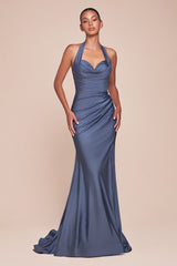 fitted stretch satin dress, featuring a halter sweetheart neckline and a gathered waistline