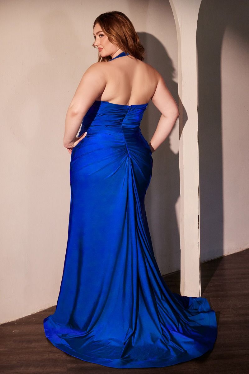 fitted stretch satin dress, featuring a halter sweetheart neckline and a gathered waistline