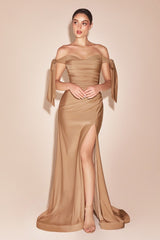 alluring off-the-shoulder neckline framed by elongated ties and a floor- pooling fishtail hem defined by a dramatic front slit