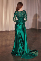 satin gown with a fitted silhouette and thigh-high slit. The dress features sheer long sleeves embellished with intricate beadwork and a plunging V-neckline.
