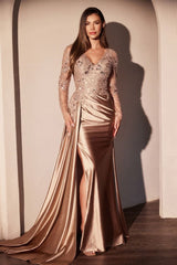 satin gown with a fitted silhouette and thigh-high slit. The dress features sheer long sleeves embellished with intricate beadwork and a plunging V-neckline.