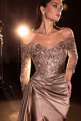 fitted gown features an off-the-shoulder neckline, three-quarter sleeves, and a modest closed back