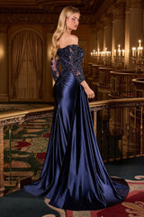 fitted gown features an off-the-shoulder neckline, three-quarter sleeves, and a modest closed back