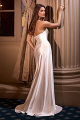 strapless fitted gown features a striking pointed V-neckline and a gathered waistline