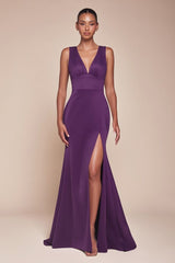 Maxi gown with side slit and v-neckline