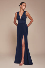 Maxi gown with side slit and v-neckline