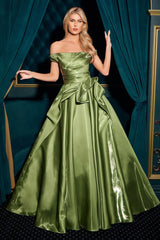 ball gown features an off-the-shoulder neckline and a pleated waistline