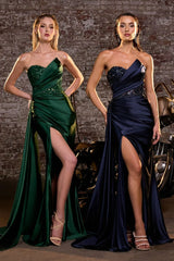 evening gown with a thigh-high slit and dramatic draped side sash