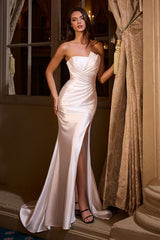 fitted satin dress, showcasing an asymmetrical strapless neckline and a beautifully pleated bodice