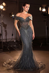 mermaid gown, designed with an off-the-shoulder neckline