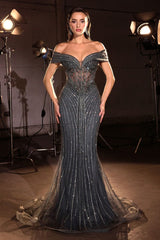 mermaid gown, designed with an off-the-shoulder neckline