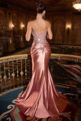 fitted gown with a dramatic thigh-high slit