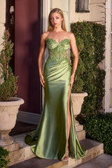 fitted gown with a dramatic thigh-high slit
