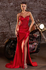 fitted gown with a dramatic thigh-high slit
