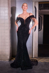 beaded sheath gown with off-the-shoulder fringe sleeves and thin straps
