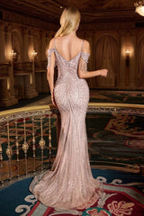 beaded sheath gown with off-the-shoulder fringe sleeves and thin straps