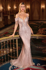 beaded sheath gown with off-the-shoulder fringe sleeves and thin straps