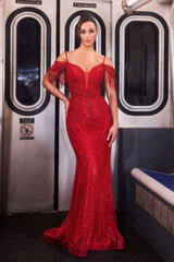 beaded sheath gown with off-the-shoulder fringe sleeves and thin straps