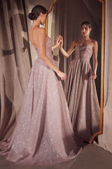 strapless glitter gown with a structured bodice and floor-length A-line skirt featuring a high slit