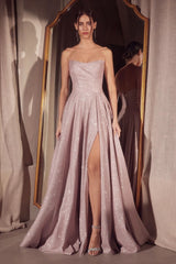 strapless glitter gown with a structured bodice and floor-length A-line skirt featuring a high slit