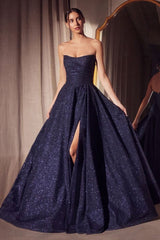 strapless glitter gown with a structured bodice and floor-length A-line skirt featuring a high slit