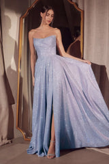 strapless glitter gown with a structured bodice and floor-length A-line skirt featuring a high slit