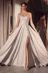 strapless glitter gown with a structured bodice and floor-length A-line skirt featuring a high slit