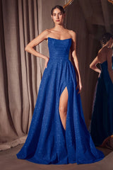 strapless glitter gown with a structured bodice and floor-length A-line skirt featuring a high slit