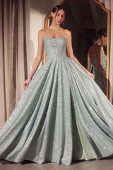 strapless glitter gown with a structured bodice and floor-length A-line skirt featuring a high slit