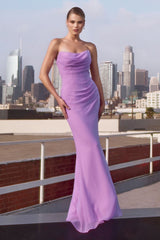 strapless floor-length gown with a fitted silhouette and draped bodice