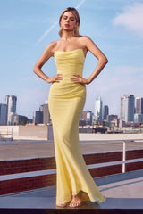 strapless floor-length gown with a fitted silhouette and draped bodice